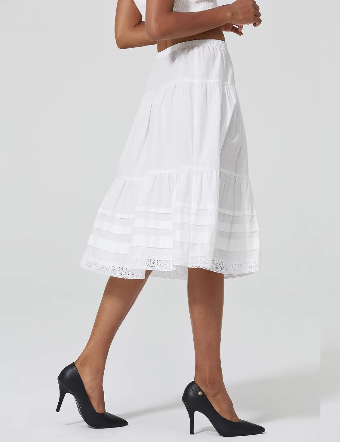 100% Cotton Women White Maxi Skirt Elastic Waist Peasant A Line Flowy Swing Lace Skirt Dress No Lining