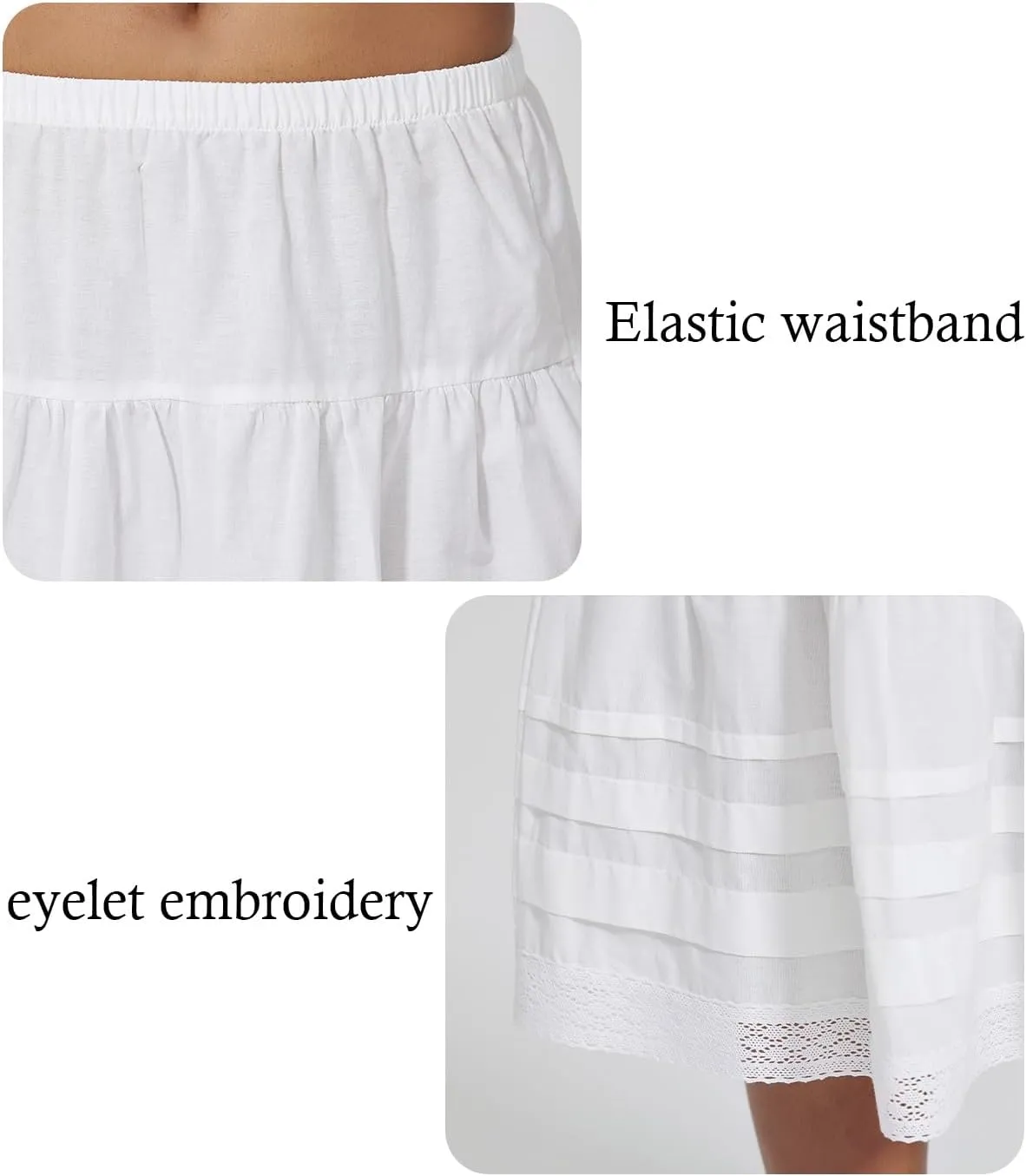 100% Cotton Women White Maxi Skirt Elastic Waist Peasant A Line Flowy Swing Lace Skirt Dress No Lining