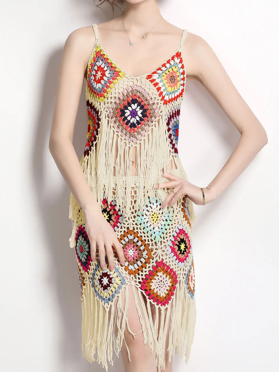 2PS Boho Style Crochet Fringe Bolero Top and Skirt Suit
