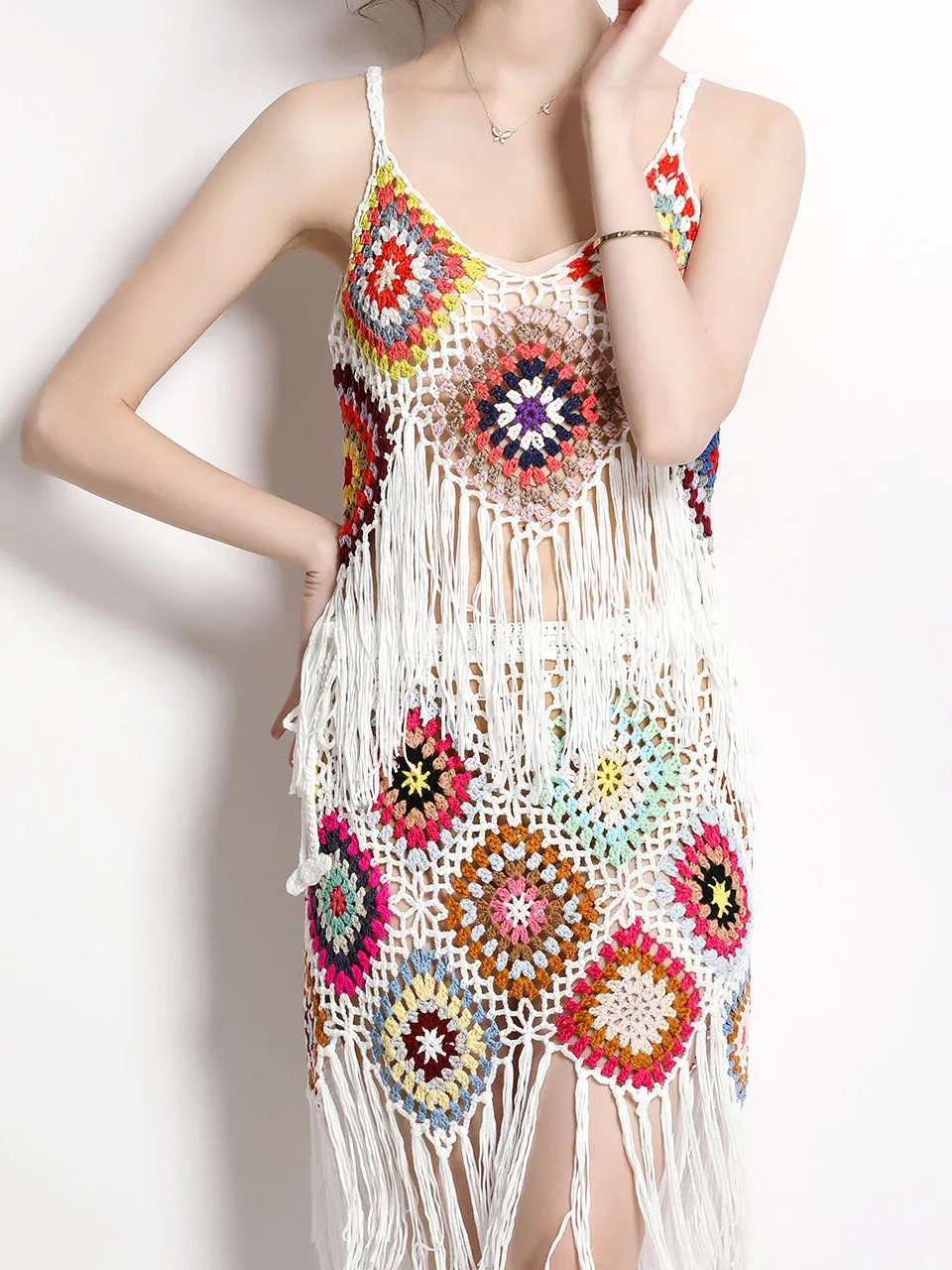 2PS Boho Style Crochet Fringe Bolero Top and Skirt Suit
