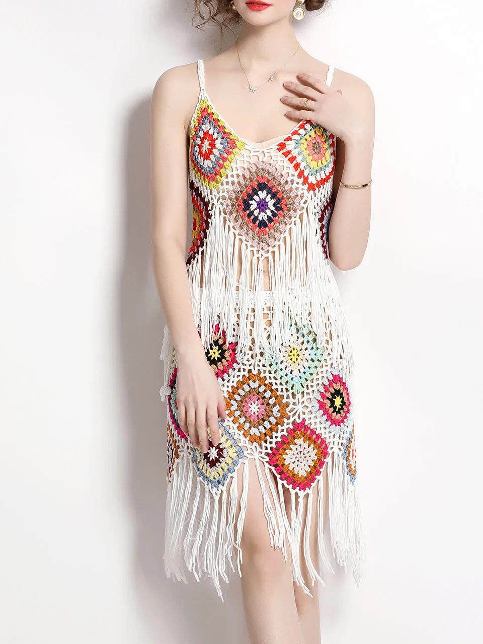 2PS Boho Style Crochet Fringe Bolero Top and Skirt Suit