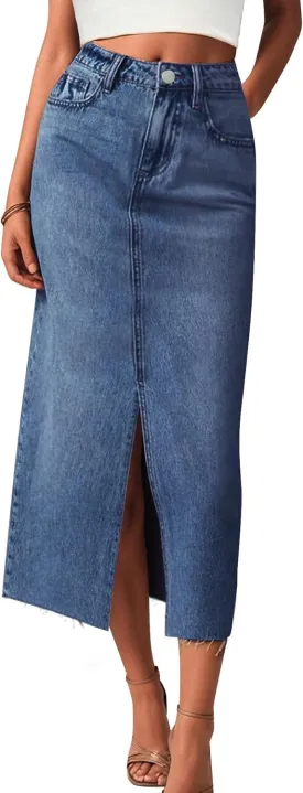 AiMgFUN Jean Skirt for Women Denim Skirt with Pockets Mid Waist Long Split Skirts