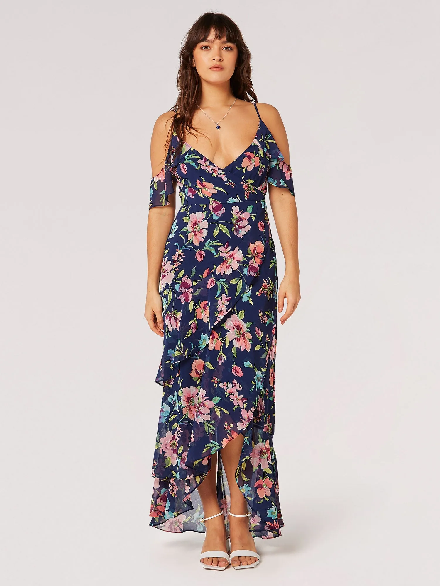 Apricot Watercolour Floral Chiffon Maxi Dress