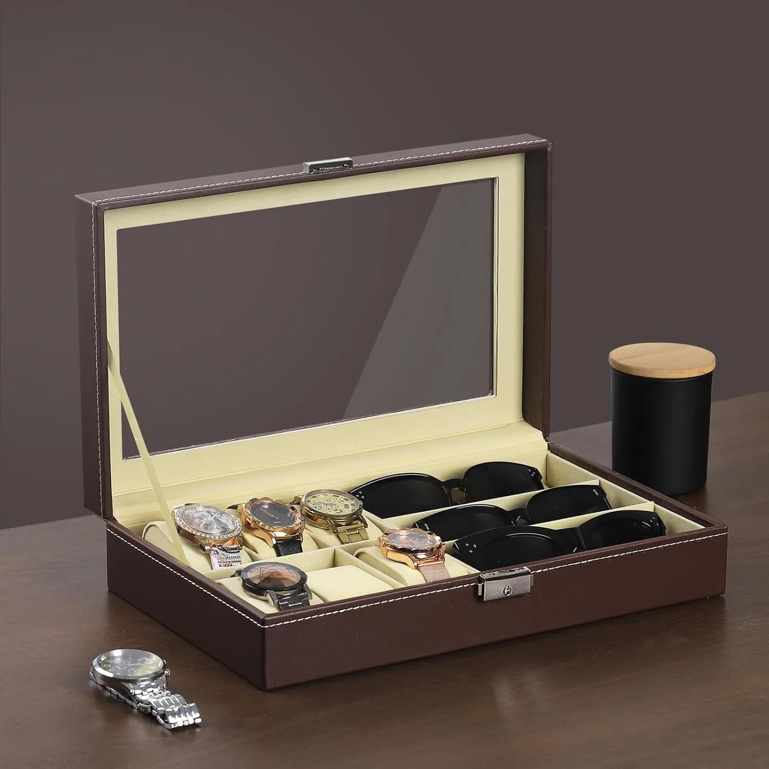 AUTOARK Leather 6 Watch Box Jewelry Case and 3 Piece Eyeglasses Storage and Sunglass Glasses Display Case Organizer,Brown,AW-020