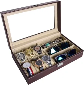 AUTOARK Leather 6 Watch Box Jewelry Case and 3 Piece Eyeglasses Storage and Sunglass Glasses Display Case Organizer,Brown,AW-020