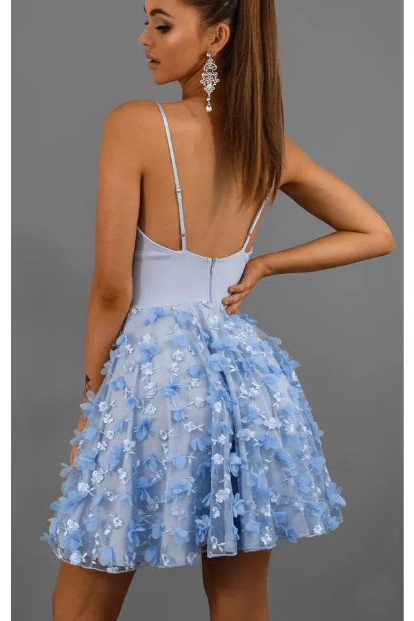 Backless Spaghetti Straps Homecoming Dress 3D Floral Short Prom Dress