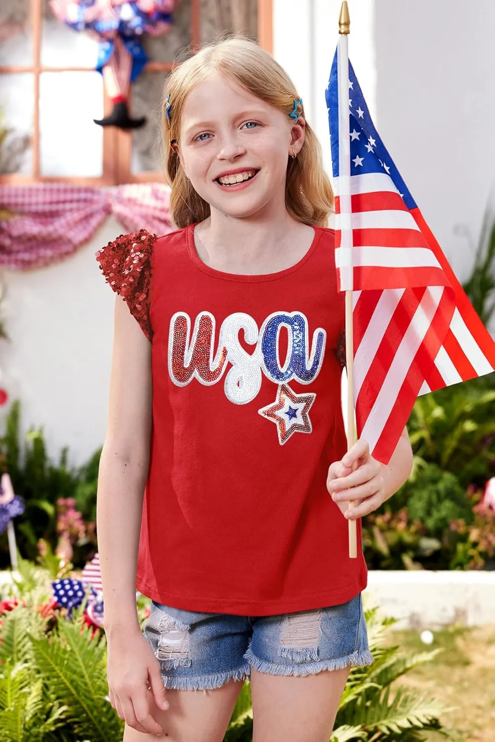 BesserBay Girls 4th of July Sequin Ruffle Sleeve Tank Top Crew Neck Red White Blue Shirt 4-12 Years