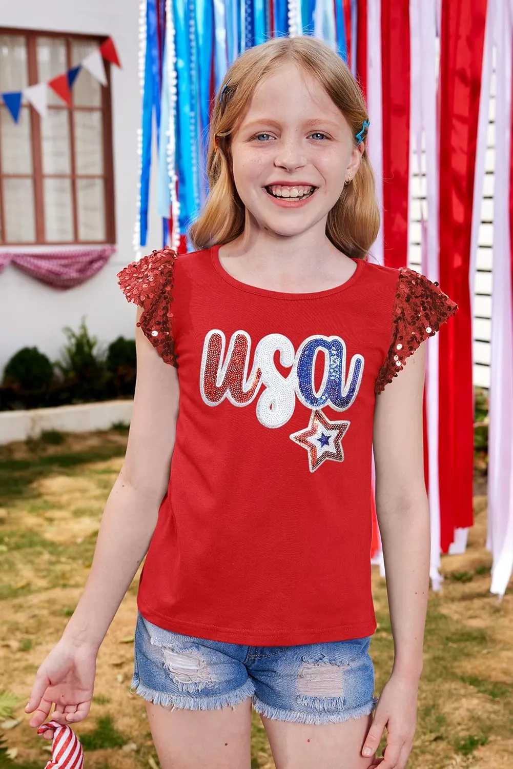 BesserBay Girls 4th of July Sequin Ruffle Sleeve Tank Top Crew Neck Red White Blue Shirt 4-12 Years