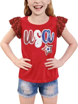 BesserBay Girls 4th of July Sequin Ruffle Sleeve Tank Top Crew Neck Red White Blue Shirt 4-12 Years