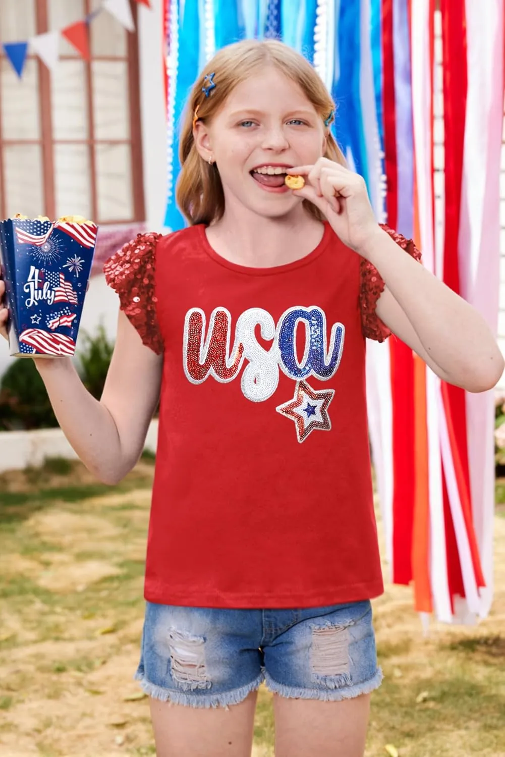 BesserBay Girls 4th of July Sequin Ruffle Sleeve Tank Top Crew Neck Red White Blue Shirt 4-12 Years