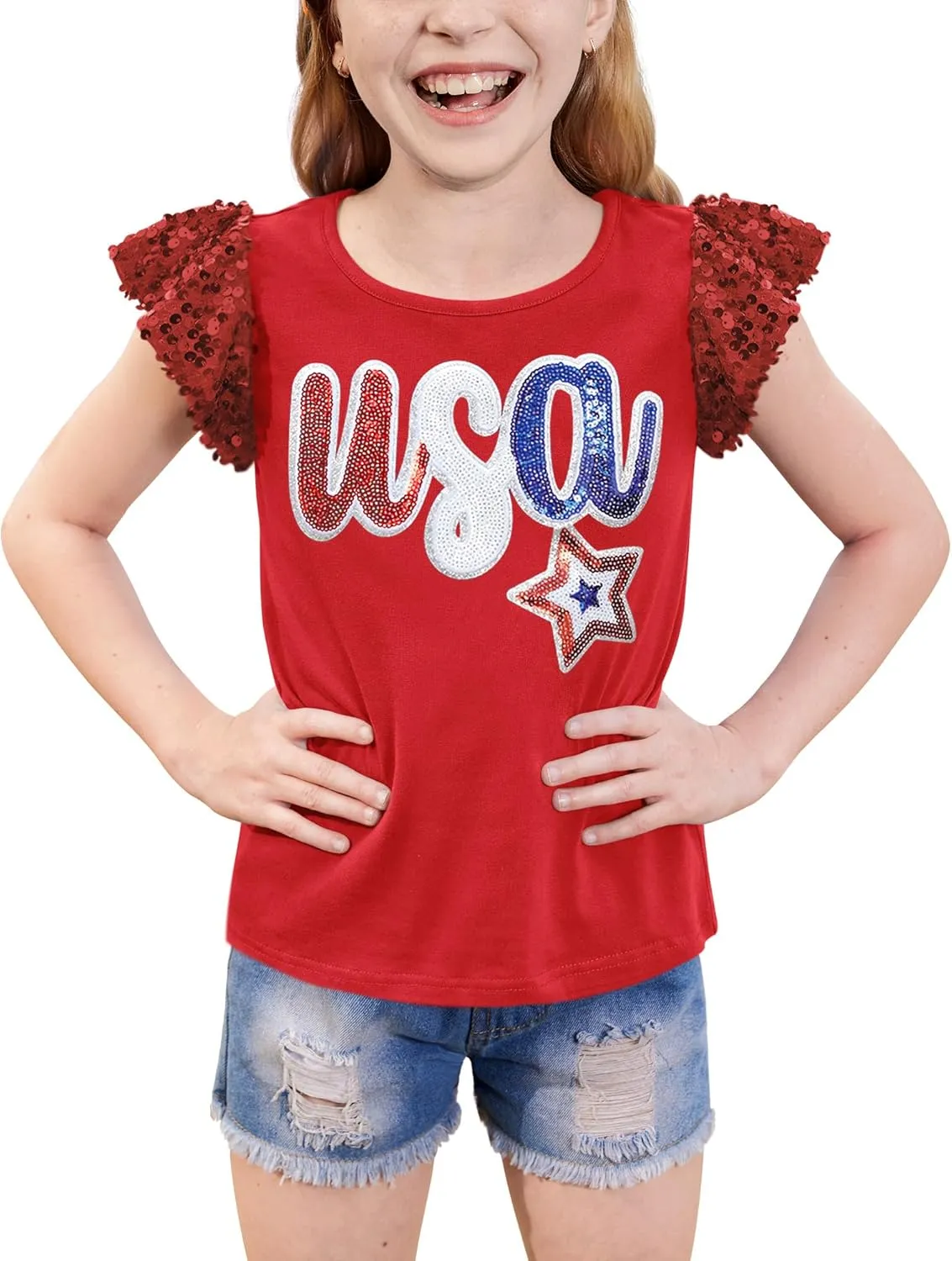 BesserBay Girls 4th of July Sequin Ruffle Sleeve Tank Top Crew Neck Red White Blue Shirt 4-12 Years