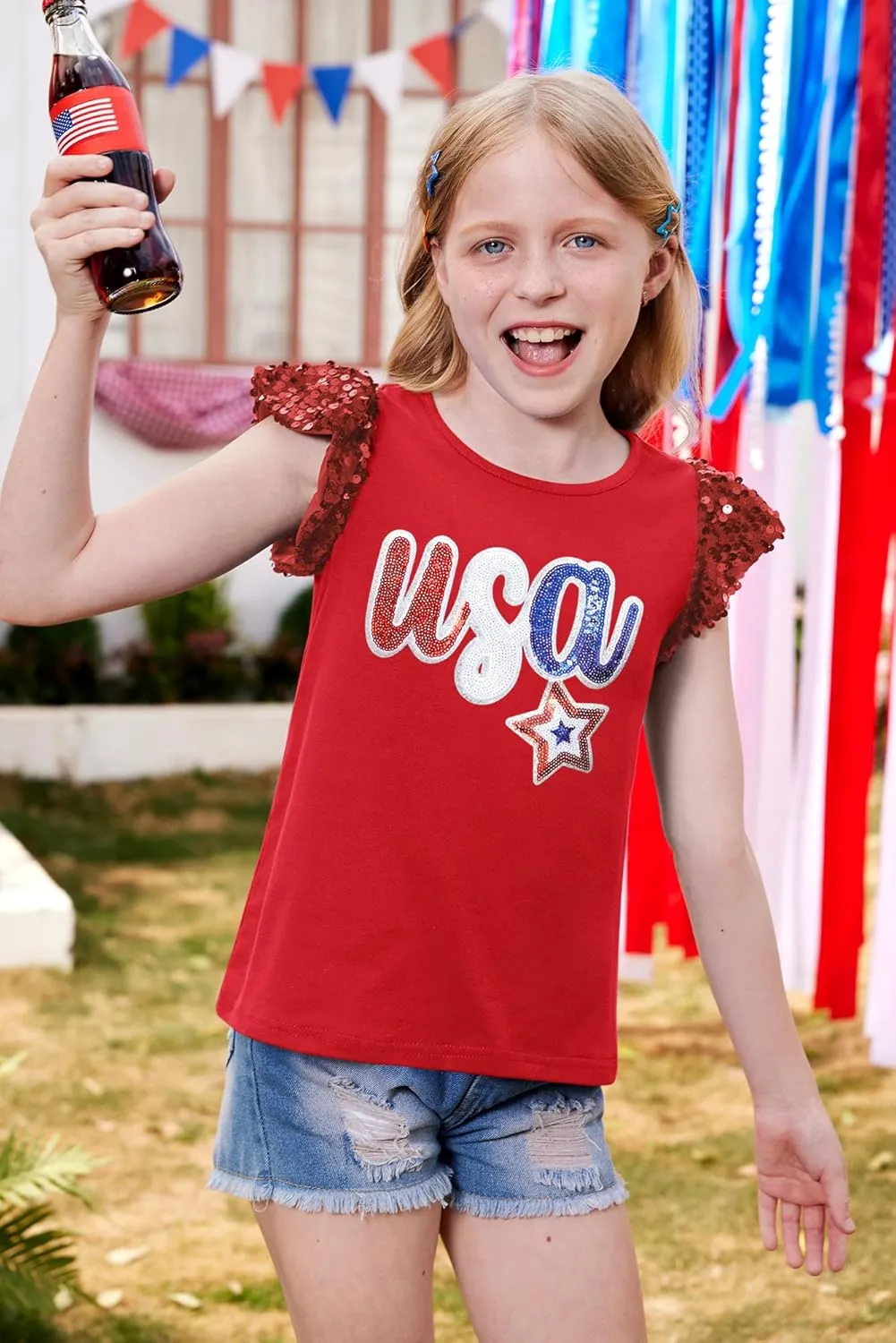 BesserBay Girls 4th of July Sequin Ruffle Sleeve Tank Top Crew Neck Red White Blue Shirt 4-12 Years