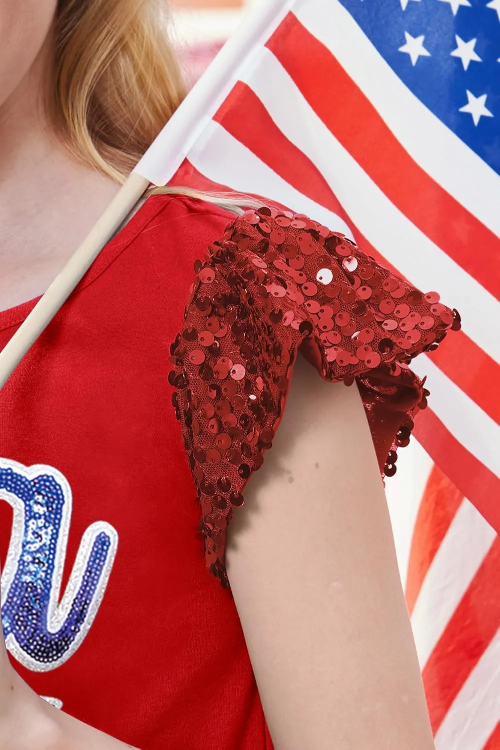 BesserBay Girls 4th of July Sequin Ruffle Sleeve Tank Top Crew Neck Red White Blue Shirt 4-12 Years