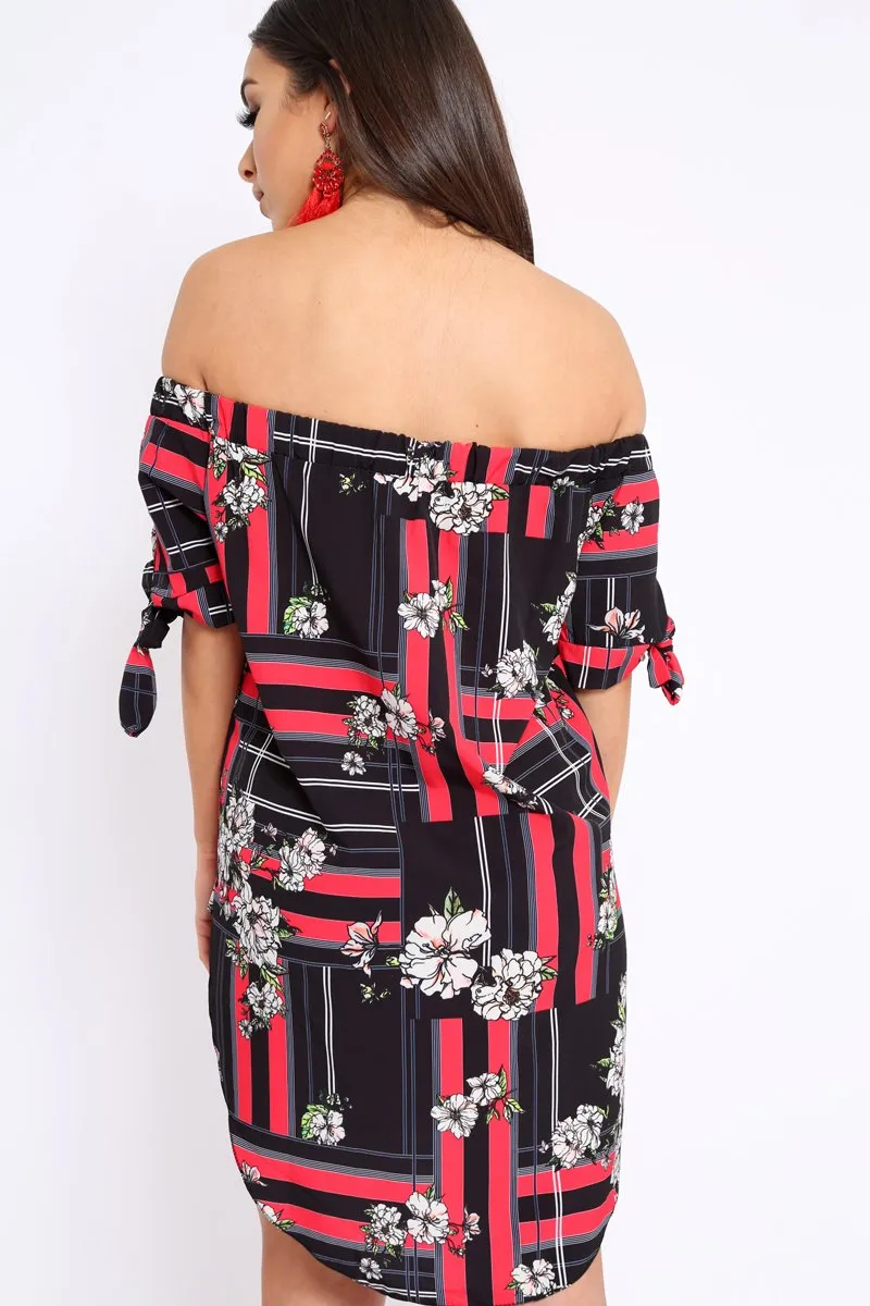 Black and Red Floral Bardot Dress - Zhen