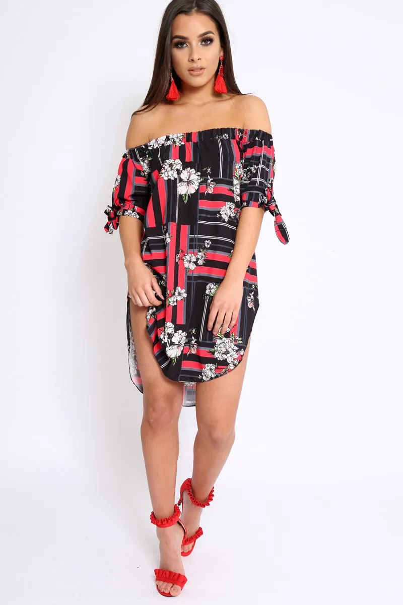 Black and Red Floral Bardot Dress - Zhen