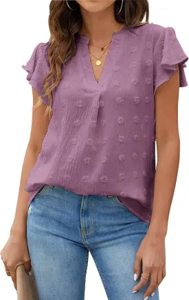 Blooming Jelly Womens White Blouse V Neck Ruffle Sleeve Flowy Shirts Dressy Casual Cute Summer Tops