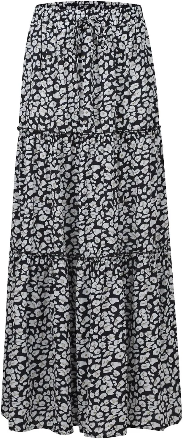 Boho Maxi Skirts for Women 2025 Drawstring High Waisted Tiered Long Flowy Skirt Casual Beach Bohemian A-Line Skirt