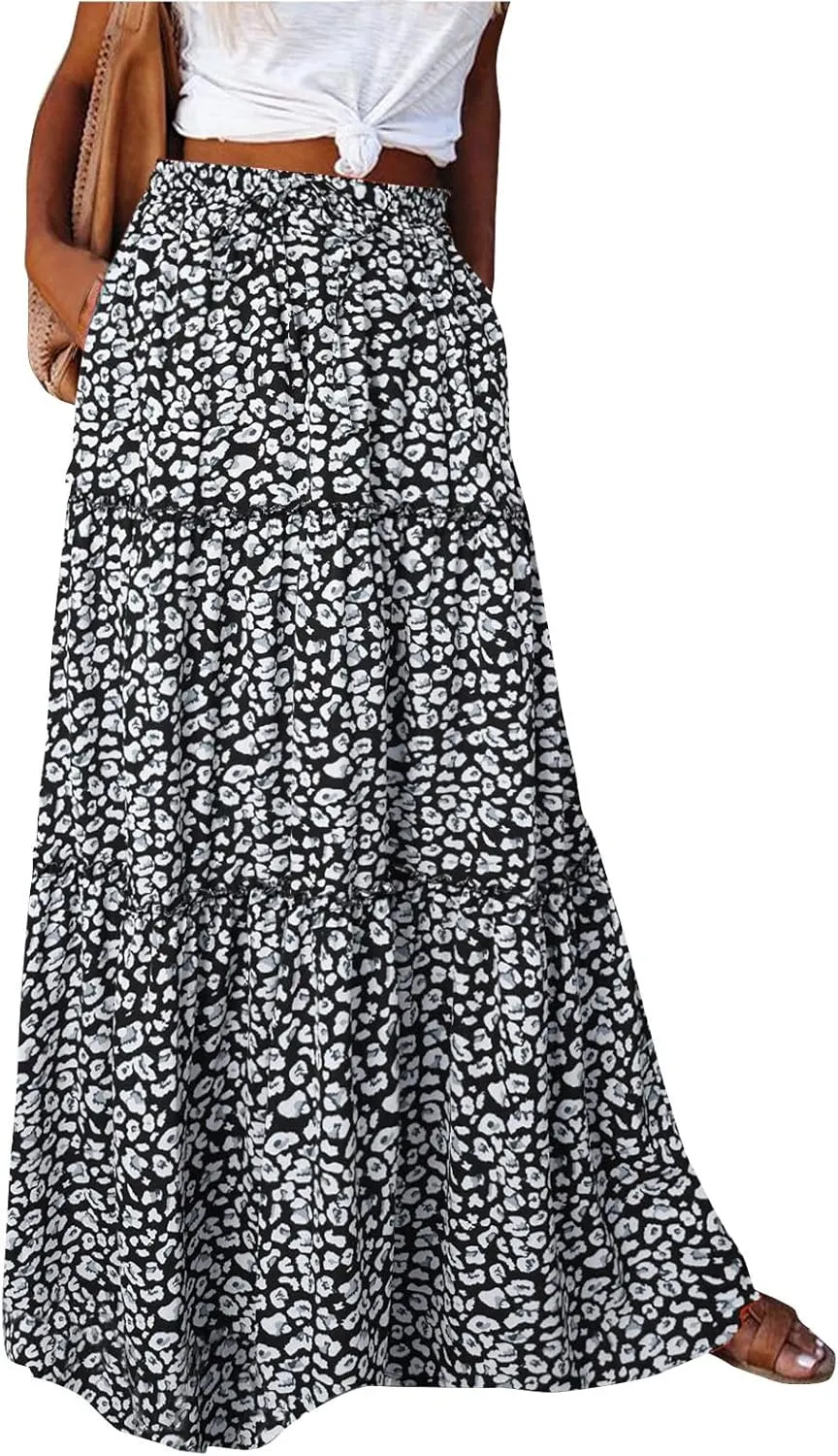 Boho Maxi Skirts for Women 2025 Drawstring High Waisted Tiered Long Flowy Skirt Casual Beach Bohemian A-Line Skirt