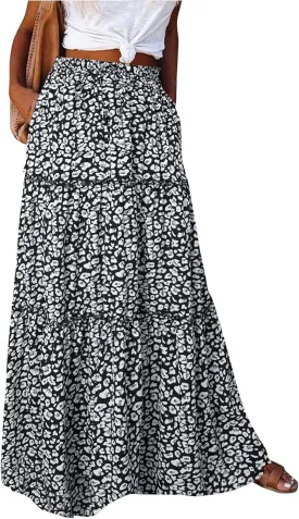 Boho Maxi Skirts for Women 2025 Drawstring High Waisted Tiered Long Flowy Skirt Casual Beach Bohemian A-Line Skirt