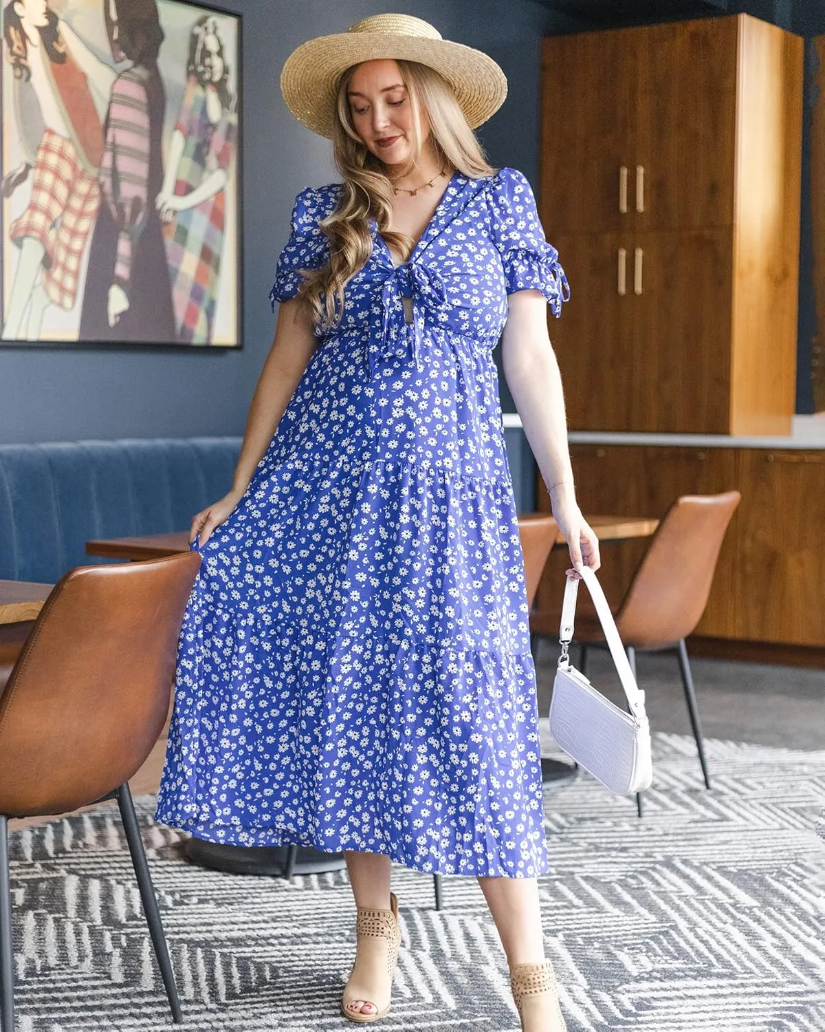 BTFBM 2025 Womens Summer Boho Dress Tie Front Deep V Neck Cutout Short Sleeve Casual Party Floral Beach Maxi Dresses