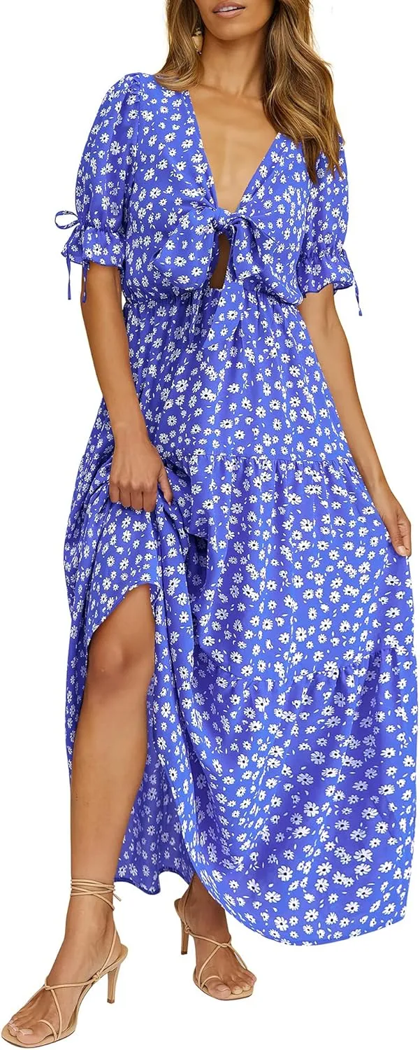 BTFBM 2025 Womens Summer Boho Dress Tie Front Deep V Neck Cutout Short Sleeve Casual Party Floral Beach Maxi Dresses