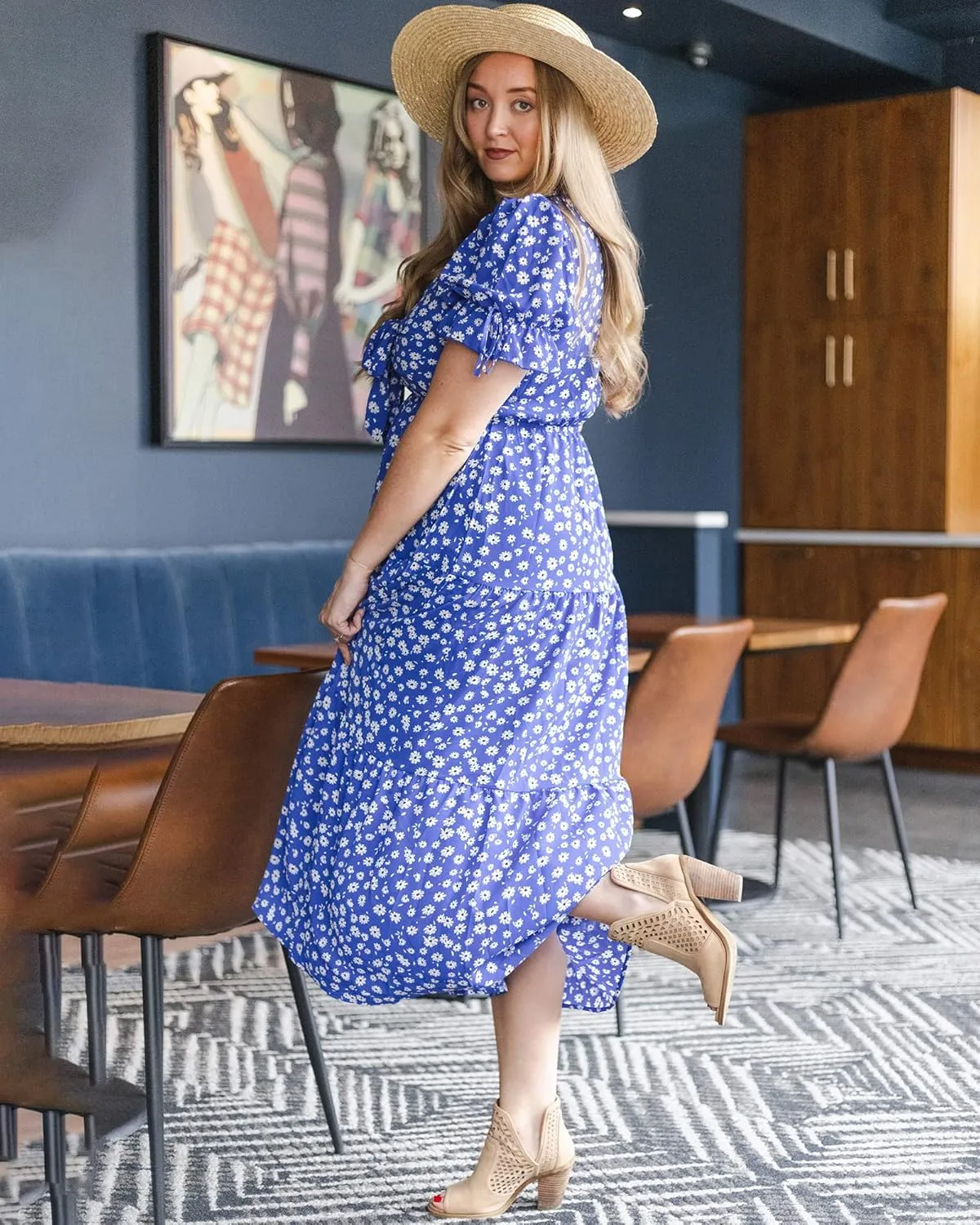 BTFBM 2025 Womens Summer Boho Dress Tie Front Deep V Neck Cutout Short Sleeve Casual Party Floral Beach Maxi Dresses
