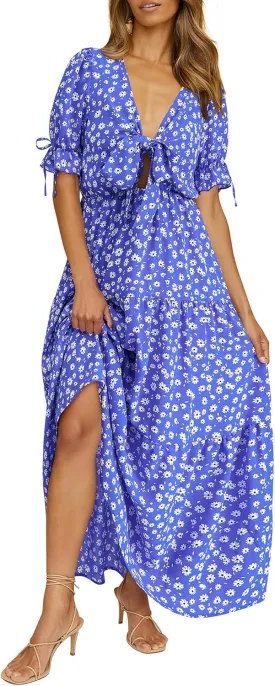 BTFBM 2025 Womens Summer Boho Dress Tie Front Deep V Neck Cutout Short Sleeve Casual Party Floral Beach Maxi Dresses