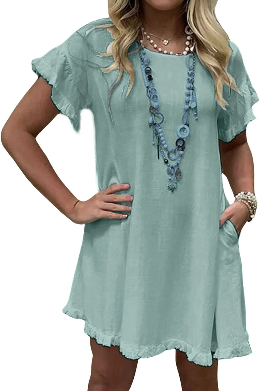 CHARTOU Women Loose Linen Mini Dress Summer Modest Frayed T Shirt Dress Flowy Ruffle Short Sleeve Shift Dress Pocket
