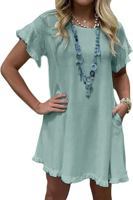 CHARTOU Women Loose Linen Mini Dress Summer Modest Frayed T Shirt Dress Flowy Ruffle Short Sleeve Shift Dress Pocket