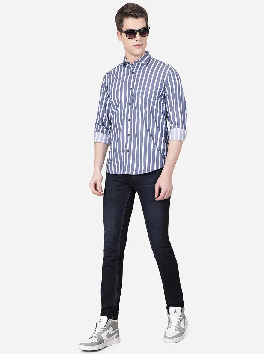 China Blue Striped Slim Fit Casual Shirt | JadeBlue