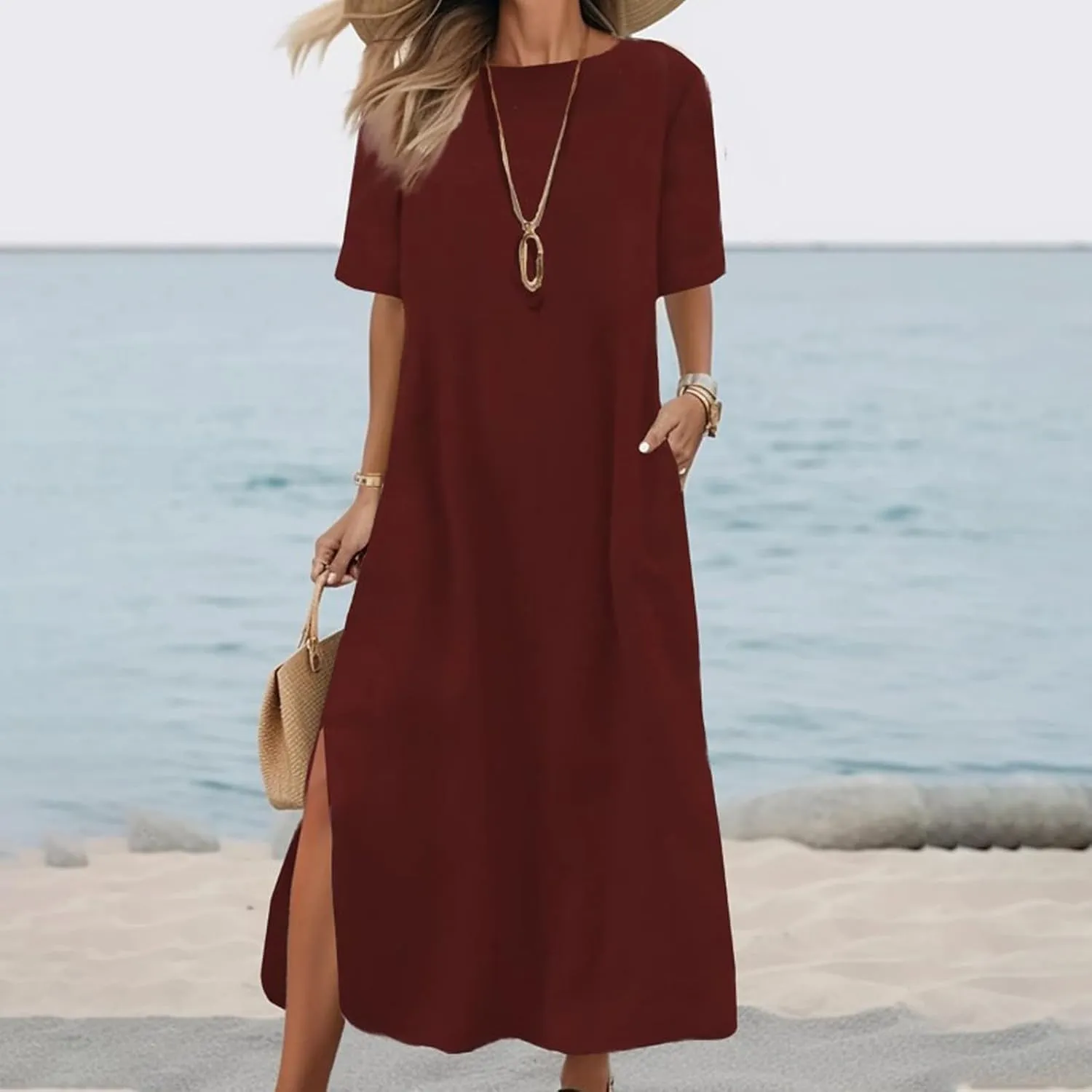 Cotton Linen Maxi Tshirt Dress Women Side Slit Short Sleeve Crew Neck Casual T Shirt Dress Comfy Long Dress