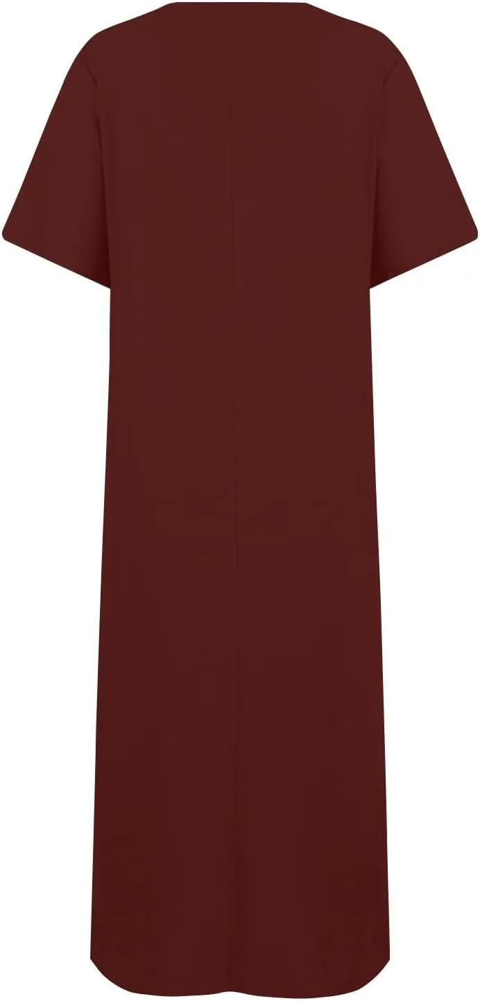 Cotton Linen Maxi Tshirt Dress Women Side Slit Short Sleeve Crew Neck Casual T Shirt Dress Comfy Long Dress