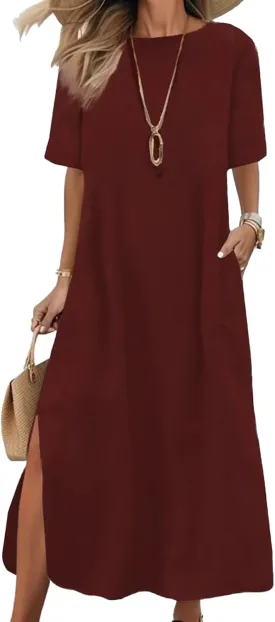 Cotton Linen Maxi Tshirt Dress Women Side Slit Short Sleeve Crew Neck Casual T Shirt Dress Comfy Long Dress