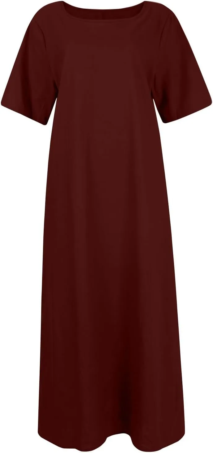 Cotton Linen Maxi Tshirt Dress Women Side Slit Short Sleeve Crew Neck Casual T Shirt Dress Comfy Long Dress