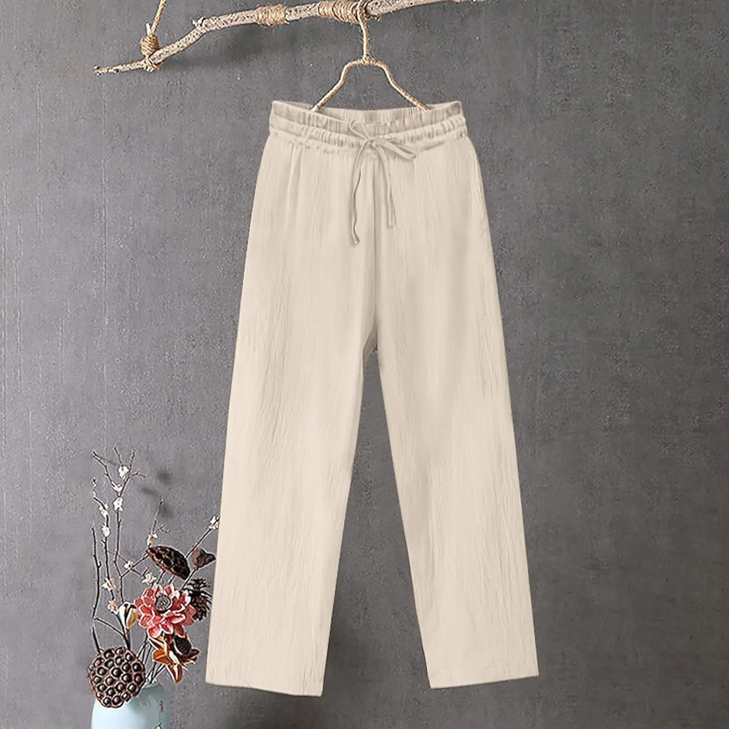 Cotton Linen Wide Leg Pants for Women High Waisted Slacks Lounge Baggy Flowy Palazzo Pants Casual Beach Trousers