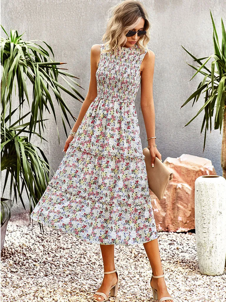 Crew Neck Elastic Pleats Sleeveless Bohemia Holiday Dress For Women