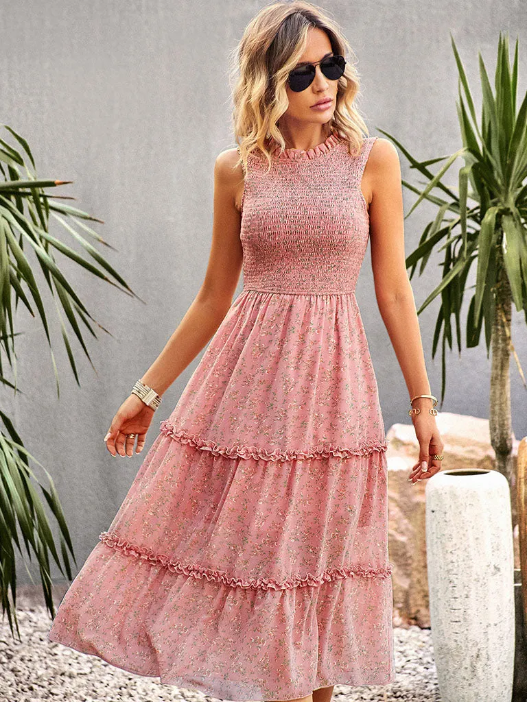 Crew Neck Elastic Pleats Sleeveless Bohemia Holiday Dress For Women