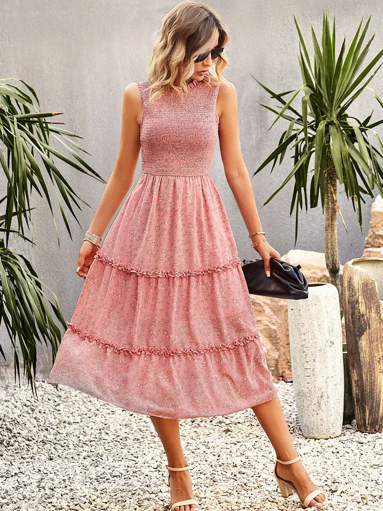 Crew Neck Elastic Pleats Sleeveless Bohemia Holiday Dress For Women