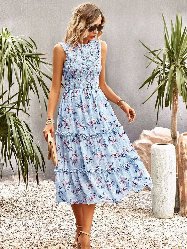 Crew Neck Elastic Pleats Sleeveless Bohemia Holiday Dress For Women