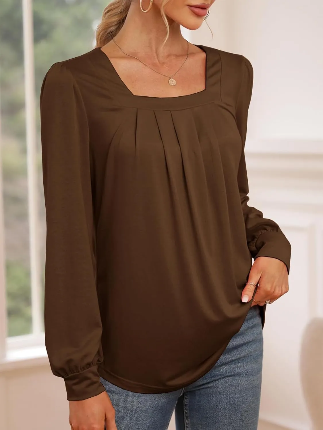 Danedvi Womens Square Neck Long Sleeve Tunic Tops Casual Pleated Puff Sleeve T Shirts Fall Loose Blouse Tee Brown