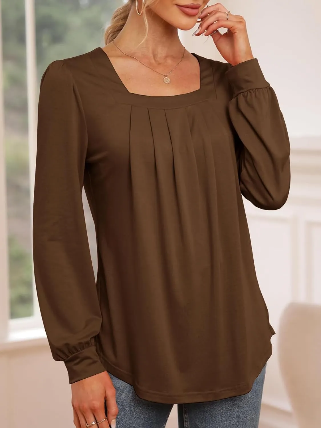 Danedvi Womens Square Neck Long Sleeve Tunic Tops Casual Pleated Puff Sleeve T Shirts Fall Loose Blouse Tee Brown