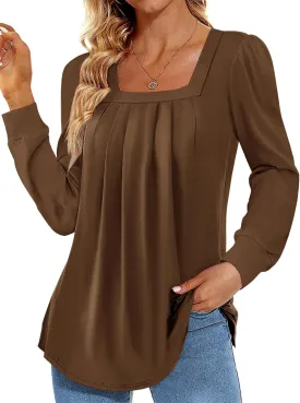 Danedvi Womens Square Neck Long Sleeve Tunic Tops Casual Pleated Puff Sleeve T Shirts Fall Loose Blouse Tee Brown