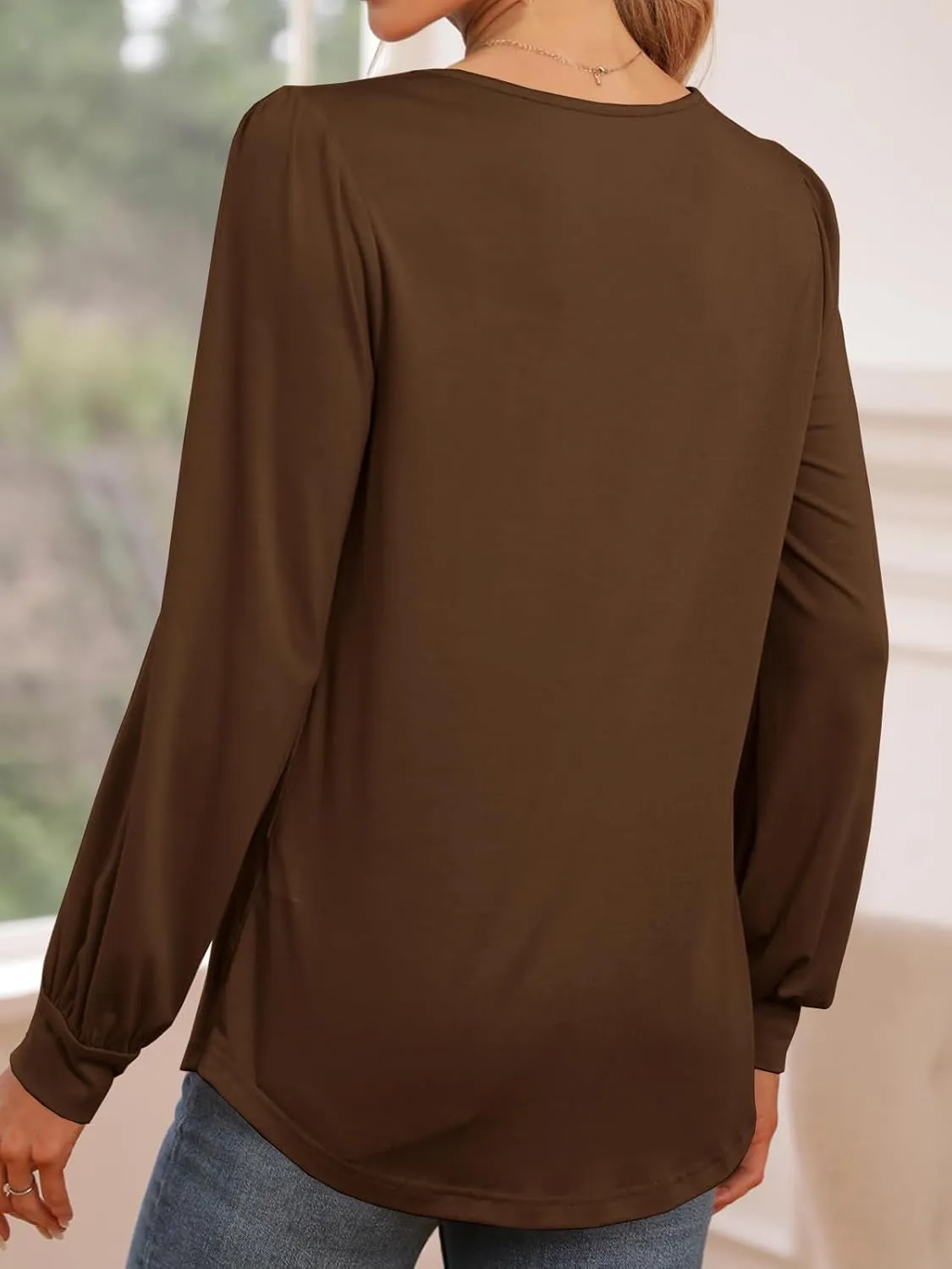 Danedvi Womens Square Neck Long Sleeve Tunic Tops Casual Pleated Puff Sleeve T Shirts Fall Loose Blouse Tee Brown