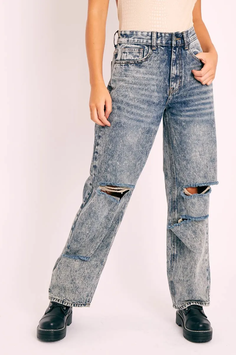 Dark Blue Acid Wash Distressed Mom Jeans - Becca