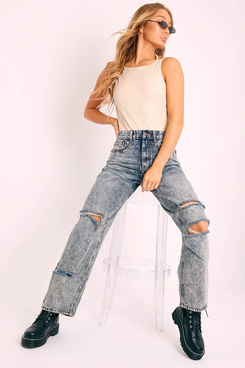 Dark Blue Acid Wash Distressed Mom Jeans - Becca