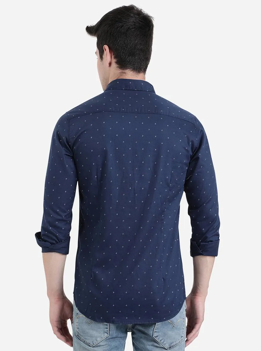 Dark Blue Printed Slim Fit Semi Casual Shirt | JadeBlue