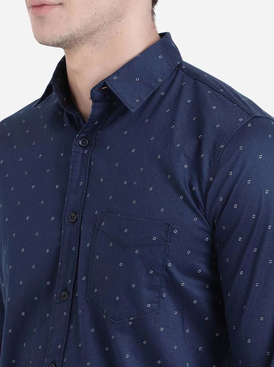 Dark Blue Printed Slim Fit Semi Casual Shirt | JadeBlue