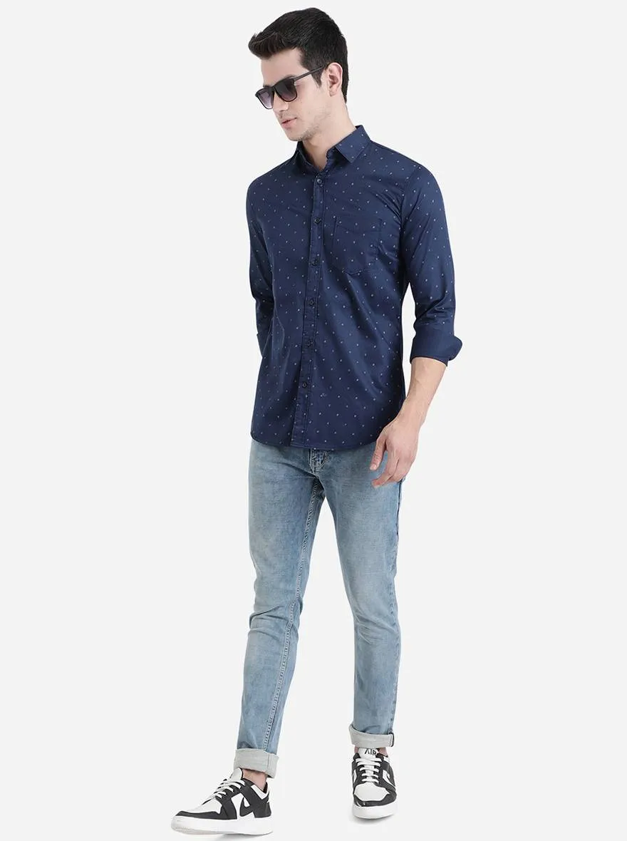 Dark Blue Printed Slim Fit Semi Casual Shirt | JadeBlue