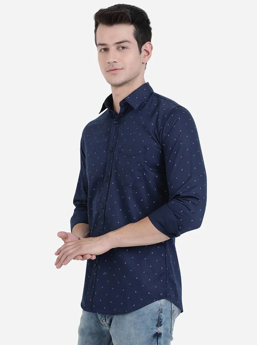 Dark Blue Printed Slim Fit Semi Casual Shirt | JadeBlue