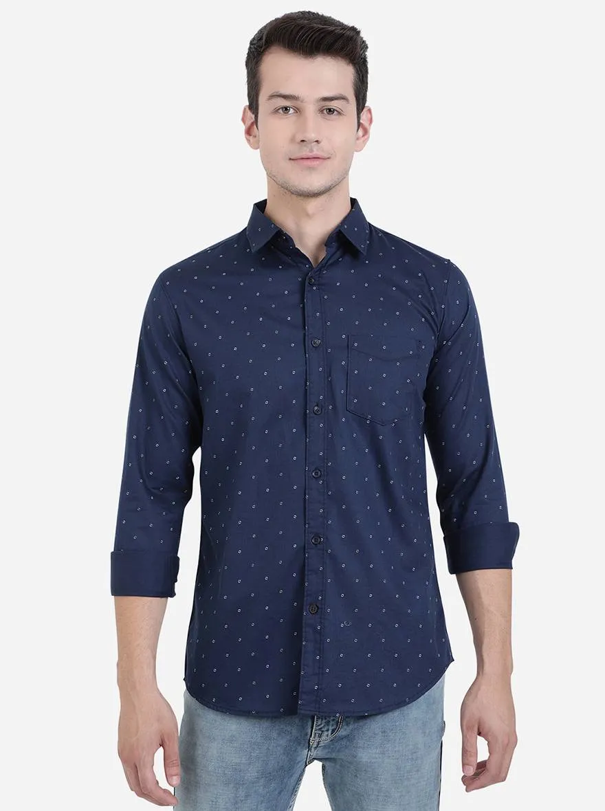 Dark Blue Printed Slim Fit Semi Casual Shirt | JadeBlue